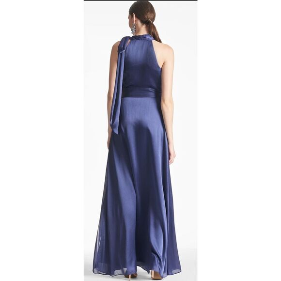 Sachin & Babi KAYLA GOWN Tie Neck Maxi Crinkle Dress in DEEP COBALT NWOT Size 0 - Picture 4 of 7